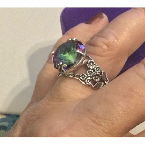 WOW~12.5 Ct. Round Mystic Topal Bold Floral Design Ring~925SS~Sz 9 - Picture 6 of 7